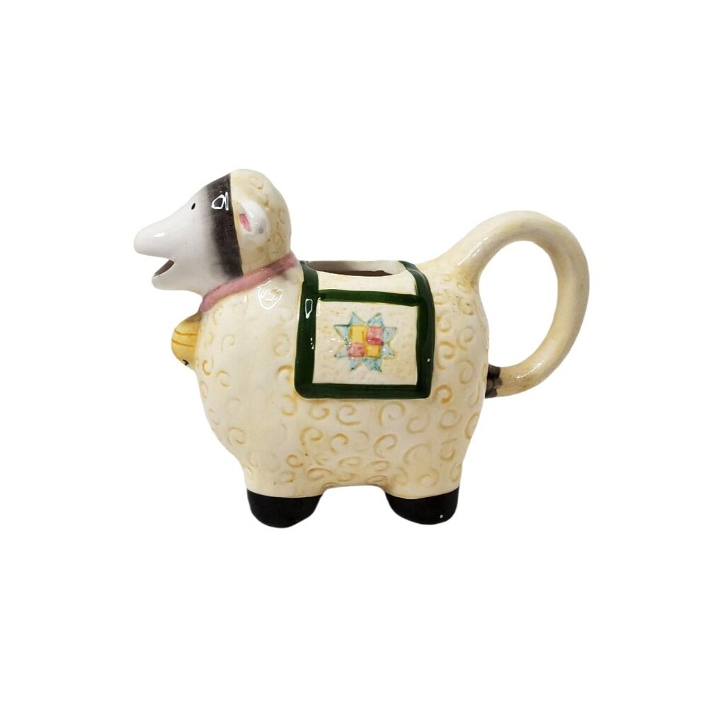 vintage ceramic lamb creamer with quilt blanket and bell 5.25' tall